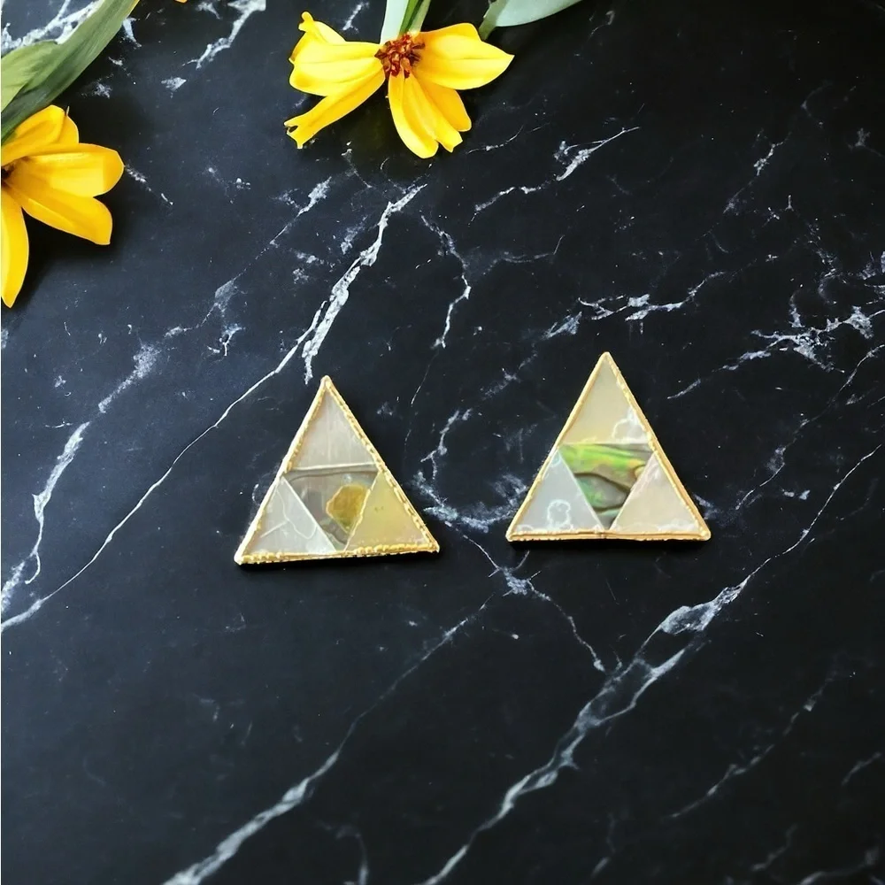 Mother of Pearl and Abalone Shell Gold Triangle Stud Earrings